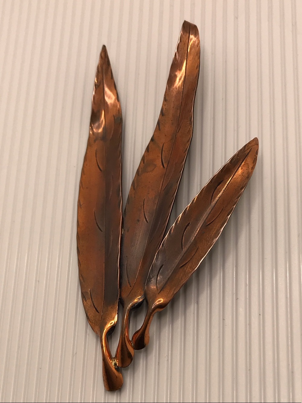 Vintage Stuart NYE Copper Feather Brooch